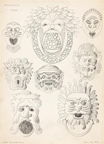 CHARLES BURCHFIELD Sheet of Studies with Lions and Dragons * Sheet of Studies with Grotesque Heads.